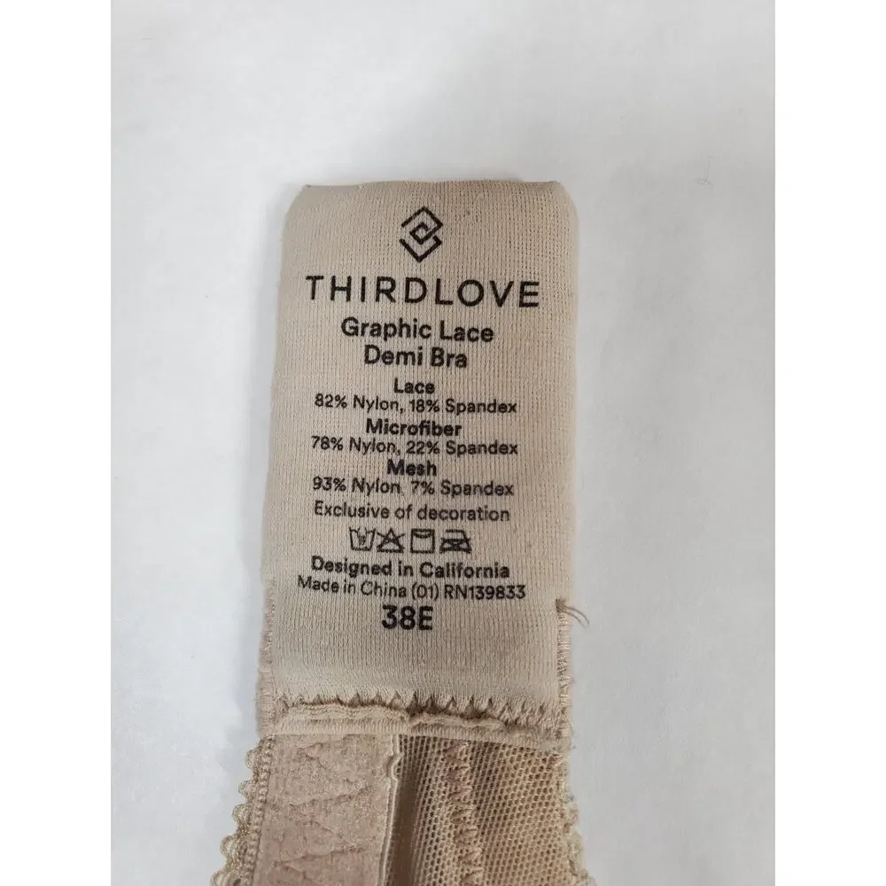 ThirdLove‎ Nude Graphic Lace Demi Bra Size 38E Underwire Lace Beige